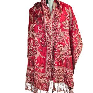 Woman's red/brick red cottagecore autumn floral reversable fringe shawl wrap OS